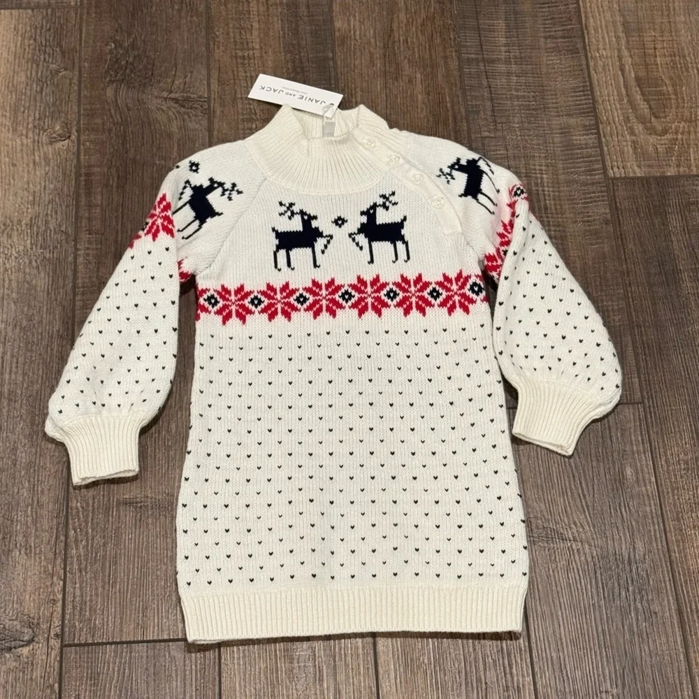 New Janie and Jack Toddler Fair Isle Reindeer Holiday Christmas Sweater Dress 2T